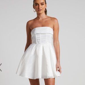 Showpo Valora Mini Dress  - Strapless Fit and Flare Satin White Dress